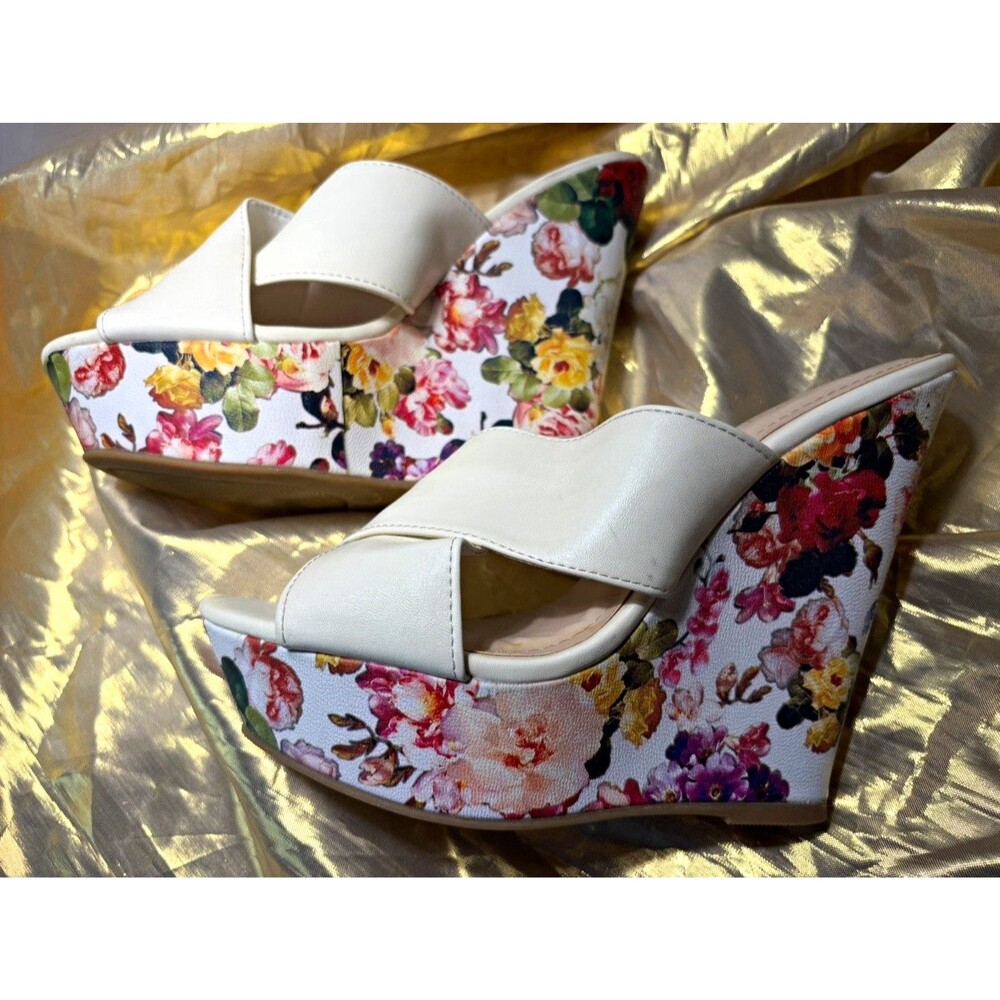 BAMBOO Women’s Floral Slip-On Slide Wedge Heels White Multicolor Open Toe Size 8
